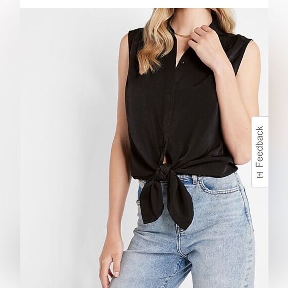 Express Elegant Black Sleeveless Pleated Shoulder Tunic Shirt size M - Picture 4 of 9